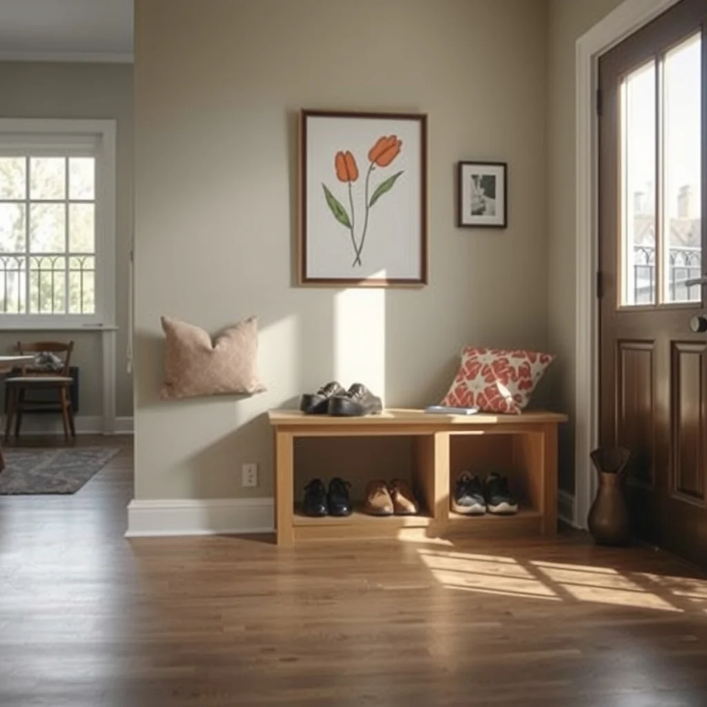Small Space Shoe Storage for Rainy and Snowy Weather interior: 1. Compact Entryway Bench with Hidden Cubby - A low bench placed against the back wall of the entryway offers a spot to sit while slipping on or off shoes, and its open front can conceal a shallow cubby just deep enough for