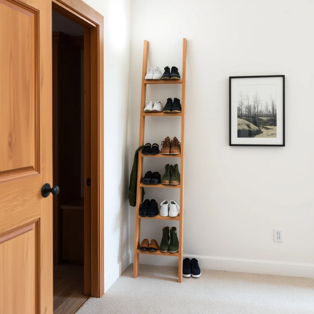 Small Space Shoe Storage for Rainy and Snowy Weather interior: 2. Vertical Ladder Shelf with Weather‑Proof Rungs - A narrow ladder shelf leans against the wall, offering multiple levels for shoes of different heights. Selecting a ladder made from reclaimed pine with a clear sealant protects the wood from moisture while preserving its