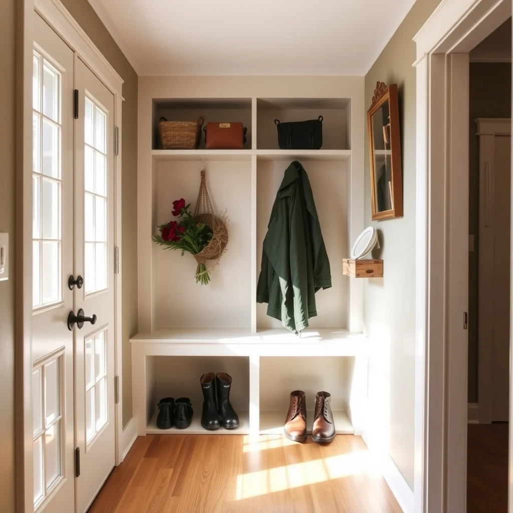 Small Space Shoe Storage for Rainy and Snowy Weather interior: 3. Built‑In Mudroom Nook with Integrated Drainage - When a small entryway opens onto a hallway, carving out a recessed mudroom nook can provide a dedicated zone for wet shoes. Framing a shallow alcove with moisture‑resistant drywall and a sloped floor that directs
