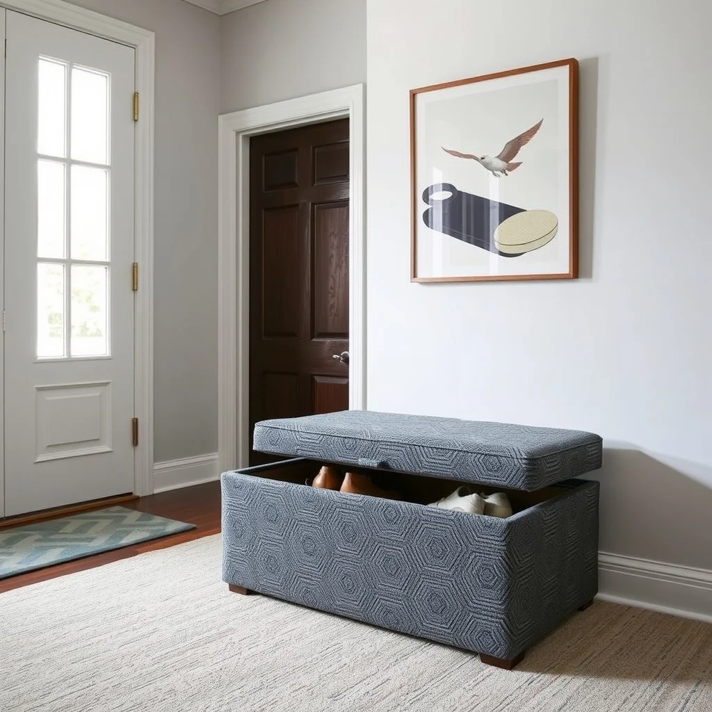 Small Space Shoe Storage for Rainy and Snowy Weather interior: 4. Convertible Ottoman with Removable Liner - An ottoman placed near the front door can serve as both a seat and a hidden shoe compartment. Choose a solid‑core ottoman upholstered in textured boucle fabric in a muted charcoal; the surface is forgiving