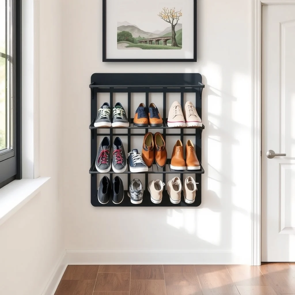 Small Space Shoe Storage for Rainy and Snowy Weather interior: 5. Wall‑Mounted Shoe Rack with Waterproof Mat - For rooms where floor space is at a premium, a wall‑mounted shoe rack offers a sleek, vertical solution. Opt for a rack constructed from powder‑coated steel in a muted charcoal hue; the coating resists rust
