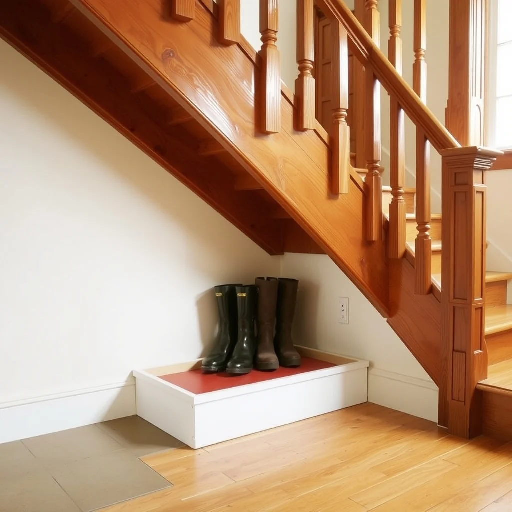 Small Space Shoe Storage for Rainy and Snowy Weather interior: 6. Under‑Stair Pull‑Out Tray for Seasonal Boots - In homes with a staircase, the space beneath the stairs often goes unused. Installing a pull‑out tray that slides from under the lowest step provides a concealed drawer for heavy, wet boots. Construct the tray