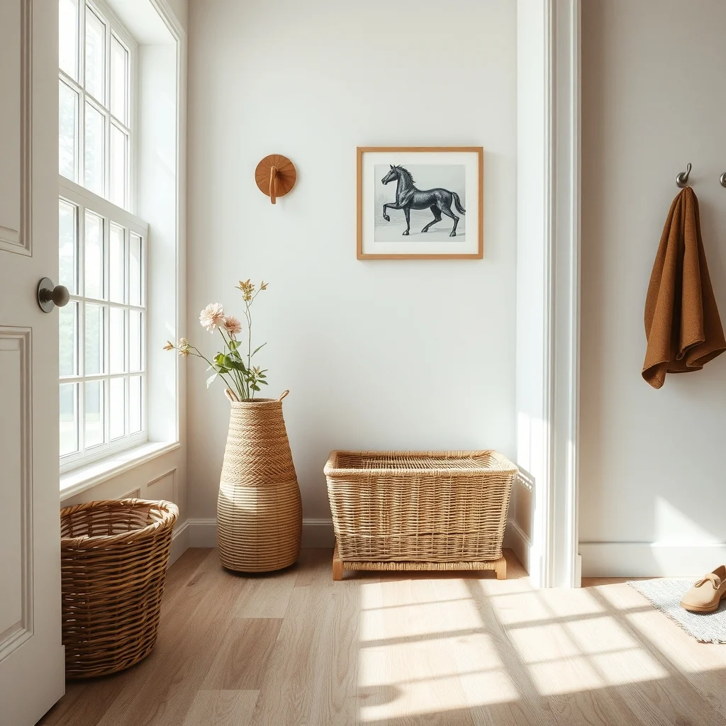 Small Space Shoe Storage for Rainy and Snowy Weather interior: 7. Decorative Wicker Baskets with Moisture‑Absorbing Liner - Wicker baskets bring a natural texture to the entryway while offering flexible storage for wet shoes. Choose baskets with a sturdy, woven base and a slightly open weave that allows air to circulate. Line each