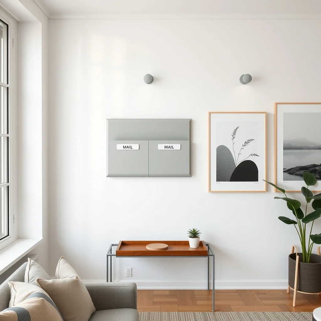 Soft gray powder coated steel mail sorter mounted on a white wall three sleek columns minimalist typography labels under soft recessed lighting beside a slim walnut tray