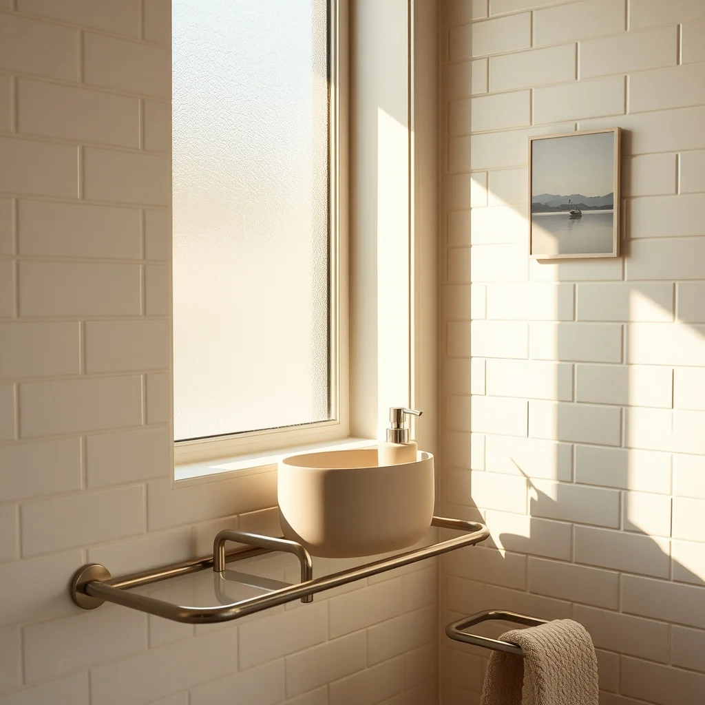Soft greige matte ceramic caddy perched on a brushed nickel vanity shelf echoing wall tiles warm natural light streams from frosted window minimalist spa vibe subtle shadows no decorative clutter
