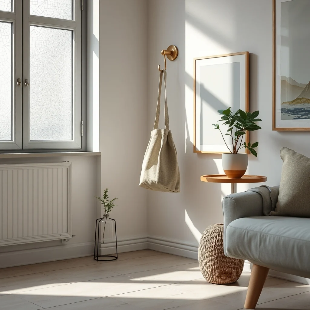 Soft linen canvas pouch in muted sage hanging from a brushed brass corner hook natural daylight filters through frosted glass casting delicate shadows on tiled floor