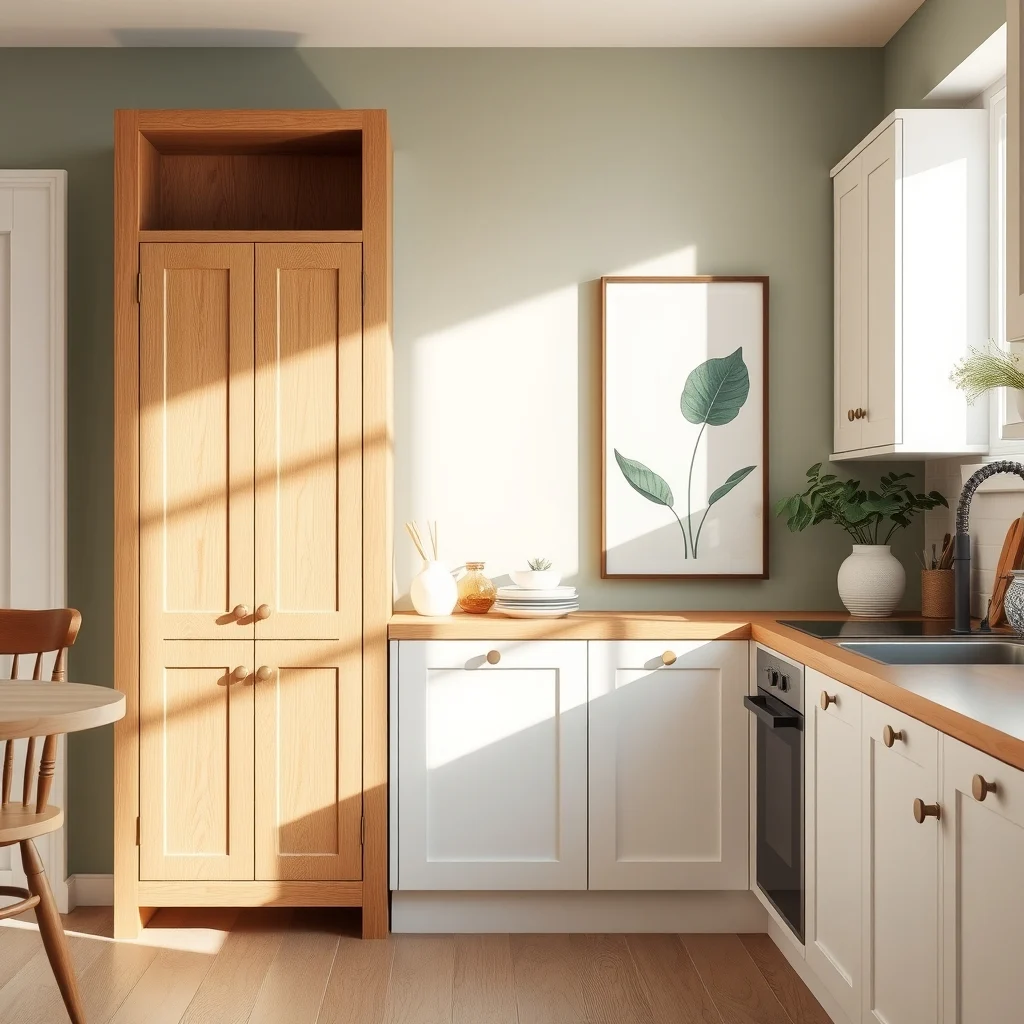 Solid oak freestanding shelf 55 inch tall positioned beside crisp white cabinets in a modern farmhouse kitchen warm natural light streams from a nearby window highlighting the grain and matching muted sage walls