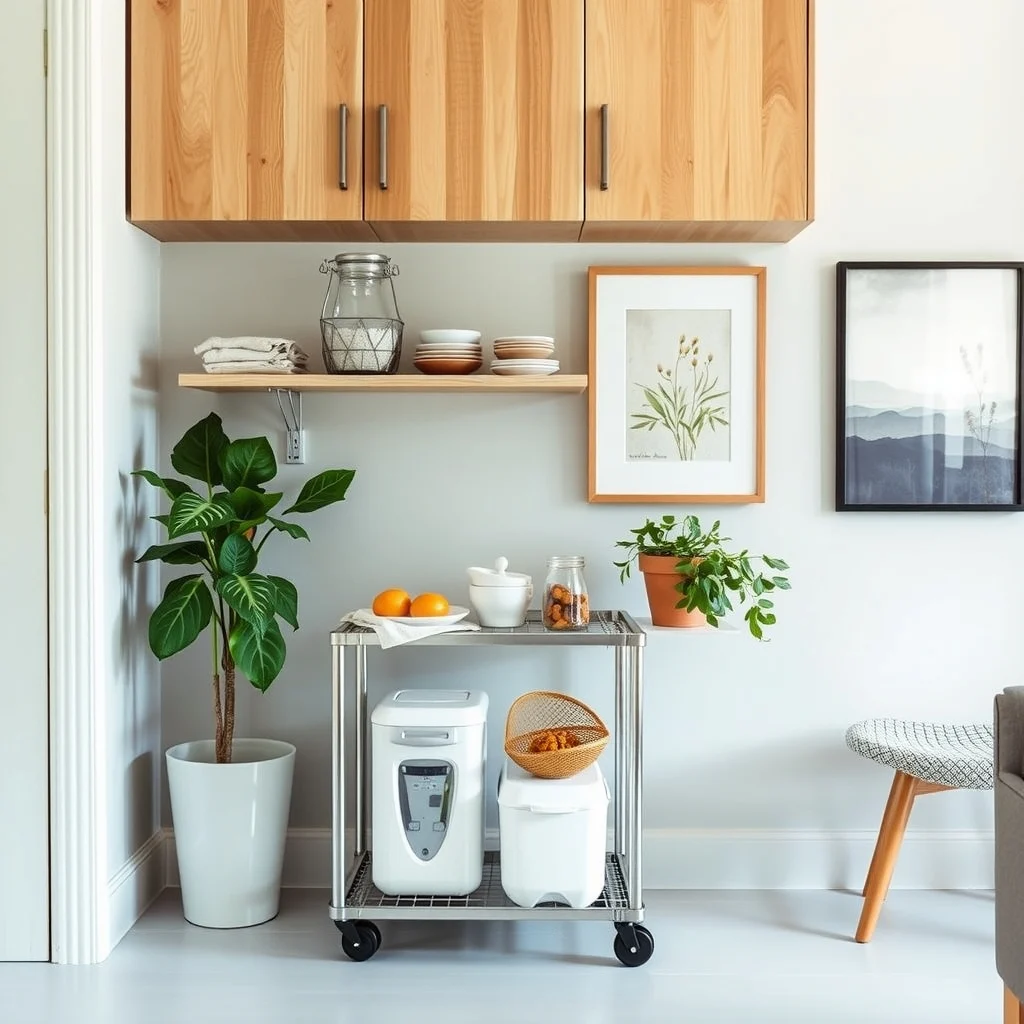 Space-Saving Food Container Storage for Small Cabinets interior: 6. Slide a Narrow Rolling Cart Under the Cabinet for Bulk Items - A low‑profile rolling cart, finished in brushed steel or powder‑coated black, can nestle beneath the cabinet when not in use and glide out when you need extra storage for bulk purchases like large bags of
