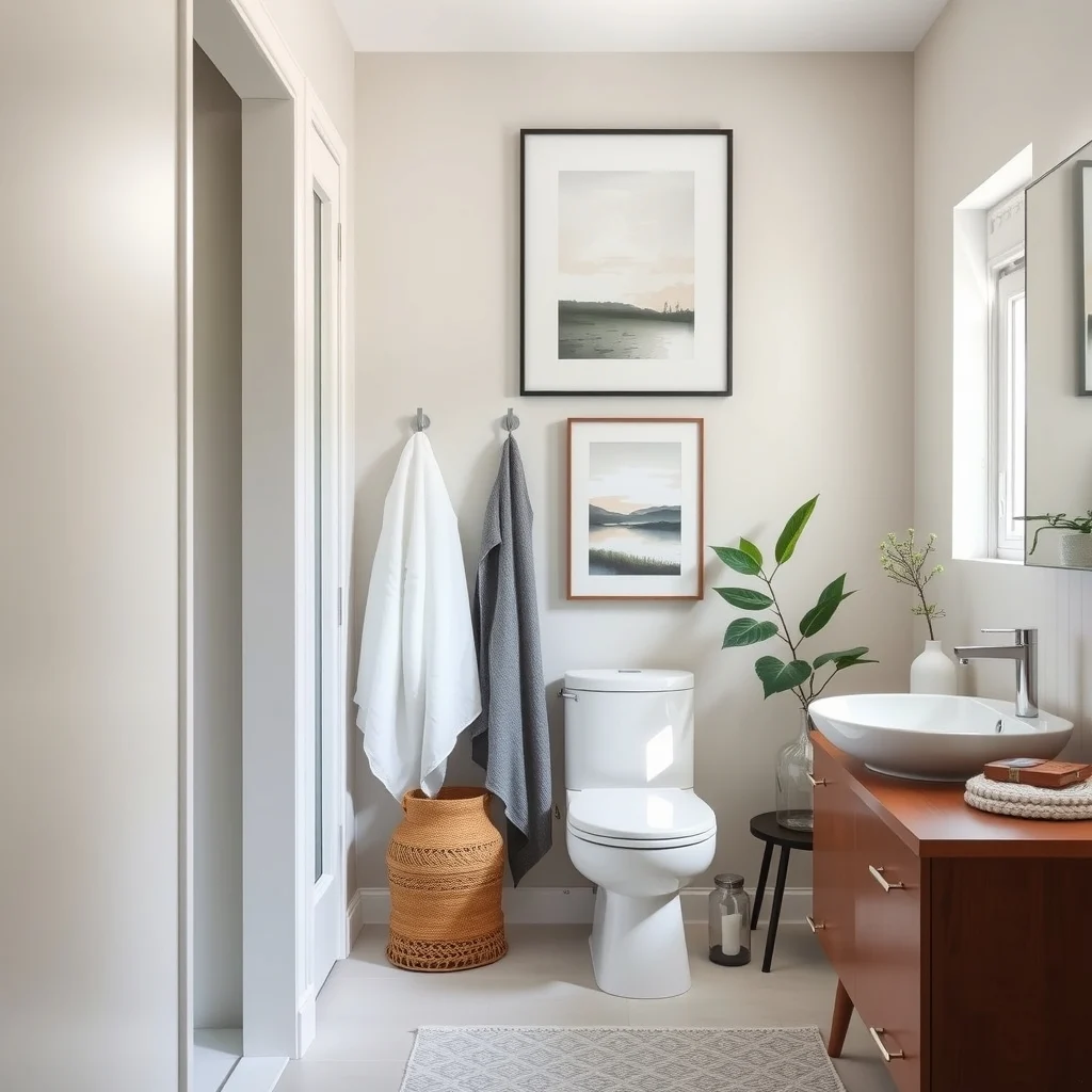 Space-Saving Towel Storage for a Narrow Bathroom interior: 5. Pull‑Out Towel Bar - A pull‑out towel bar slides out from a shallow cabinet or a custom-built niche, presenting a towel only when needed and disappearing when not in use. The mechanism typically consists of a stainless‑steel rod mounted