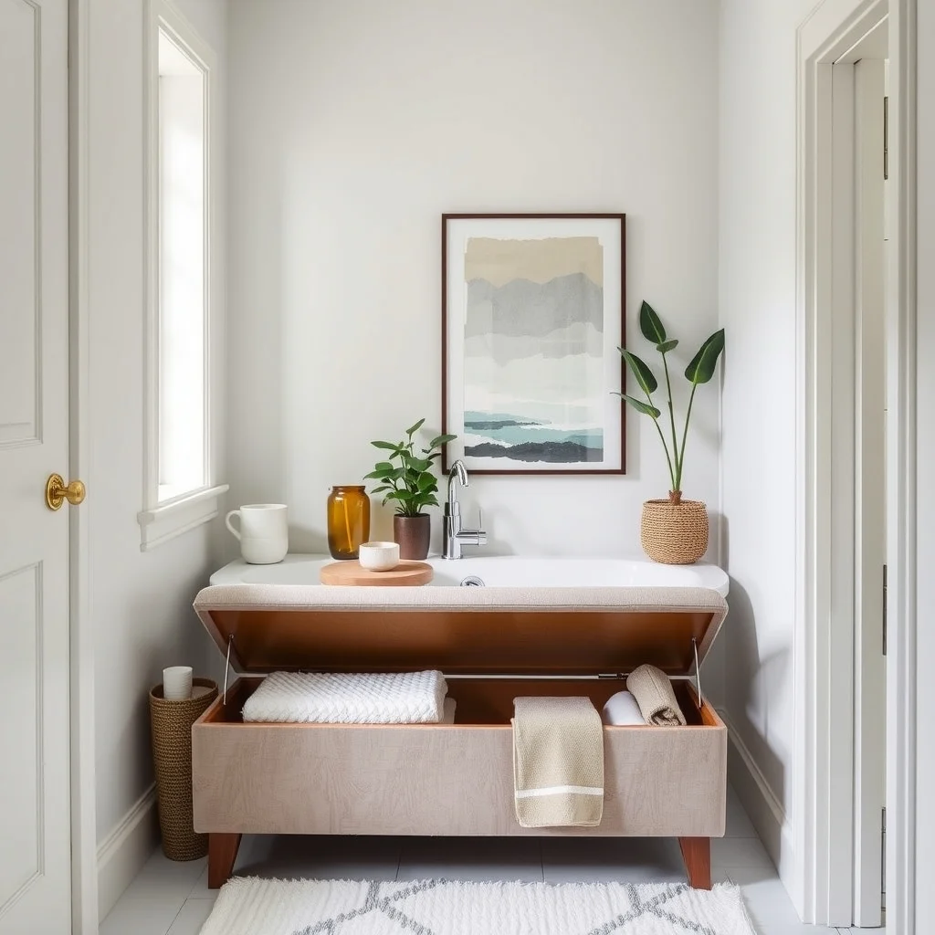 Space-Saving Towel Storage for a Narrow Bathroom interior: 7. Multi‑Purpose Storage Bench - A low, upholstered bench placed at the foot of the bathtub serves as both a seating spot and a concealed towel repository. The bench’s interior can be accessed via a hinged lid, revealing a compartment
