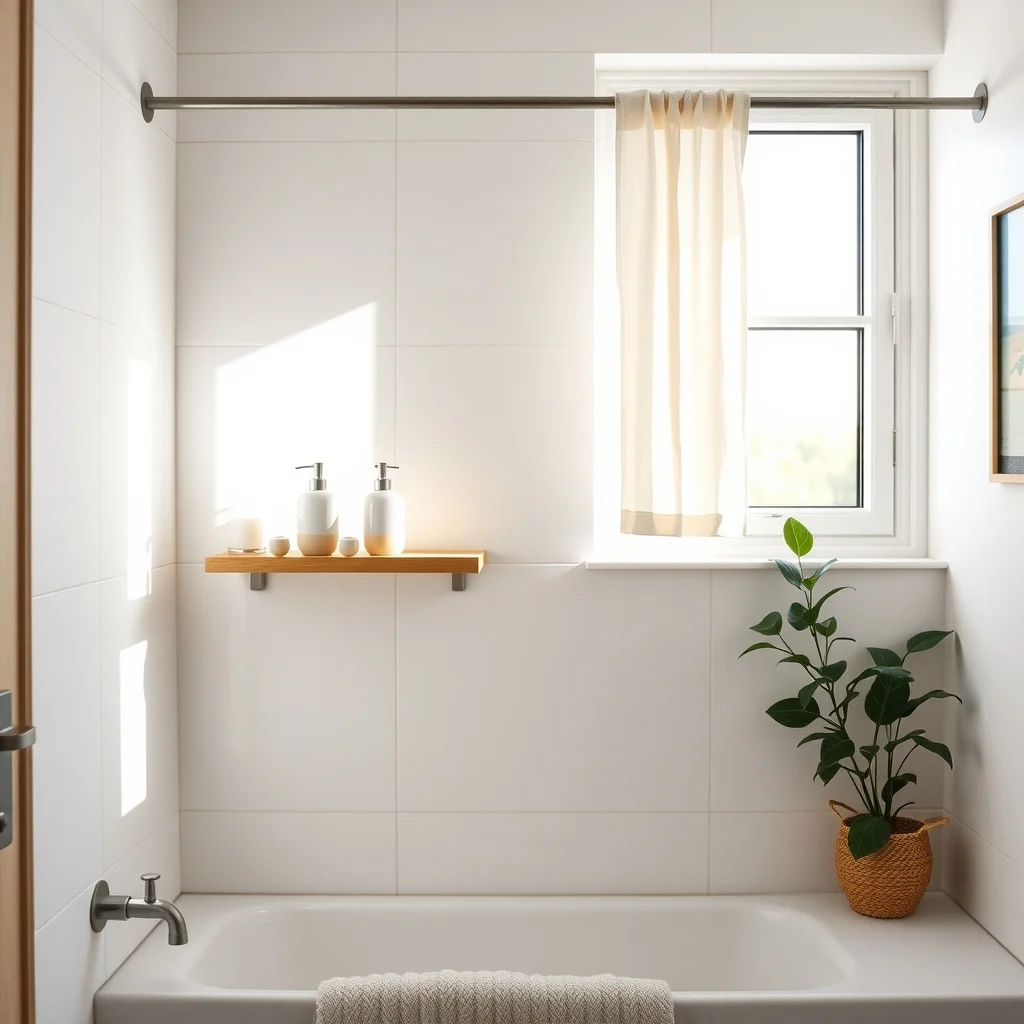 Sunlit bathroom window matte white tiles a sleek stainless tension rod holding a sheer ivory curtain shelf with pastel ceramic soap dispensers and a small woven basket minimalist Scandinavian vibe