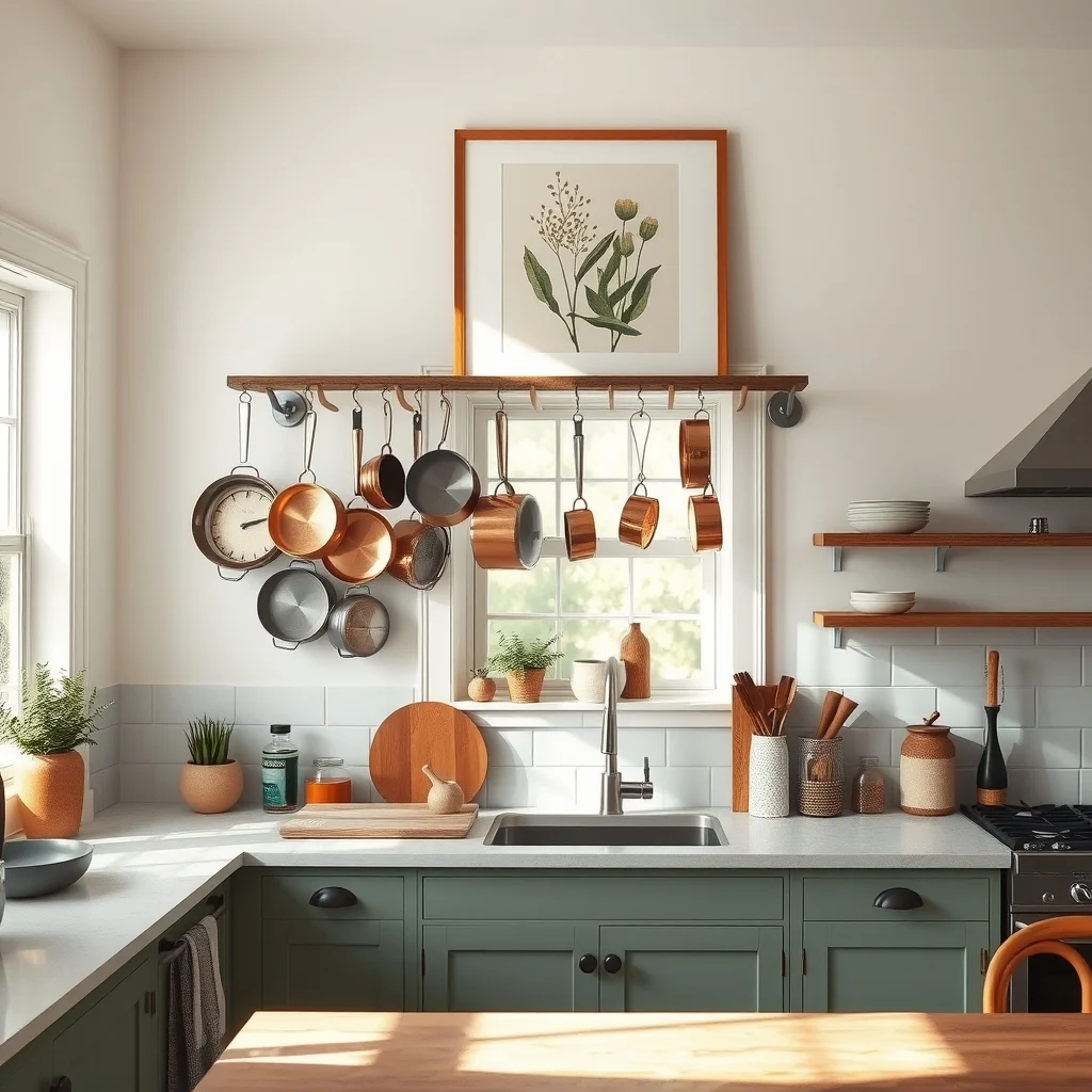 Sunlit farmhouse kitchen featuring a brushed nickel wall mounted pot rack of reclaimed wood copper and stainless pans hanging in rhythmic rows soft amber lighting sage cabinets abstract botanical print above