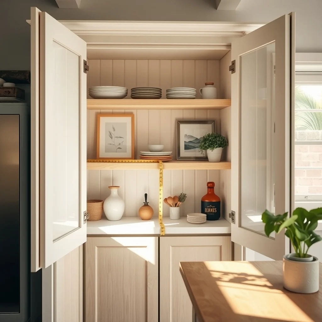 Sunlit farmhouse kitchen open white oak cabinet revealing measured depth lines a brass tape measure laid across the shelves