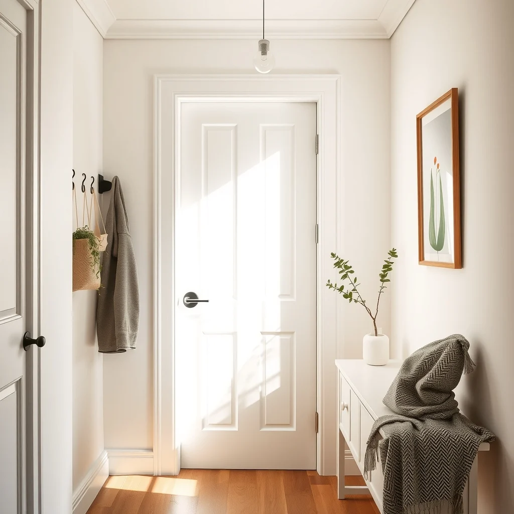 Sunlit hallway with a narrow two inch deep over the door organizer matte black reinforced metal hooks crisp white finish light oak trim soft daylight streaming minimal Scandinavian vibe