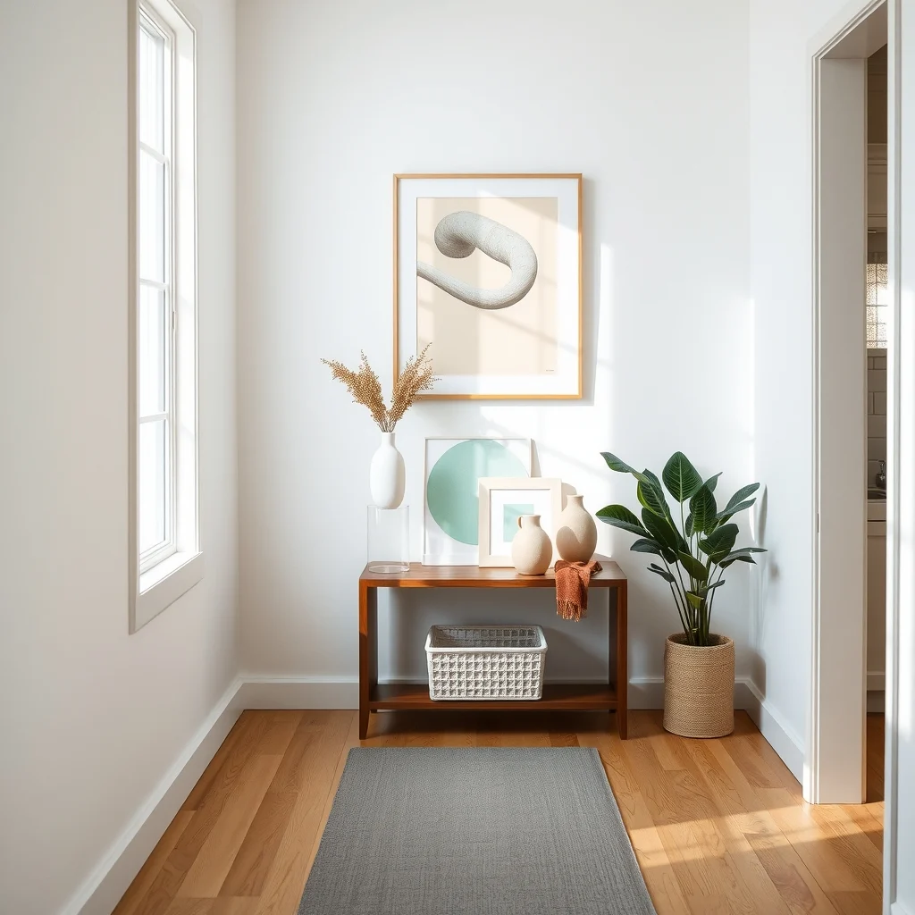 Sunlit hallway with a sleek narrow console soft walnut table open space beneath holds a discreet white acrylic basket complemented by a muted gray runner and a minimalist abstract print on the wall