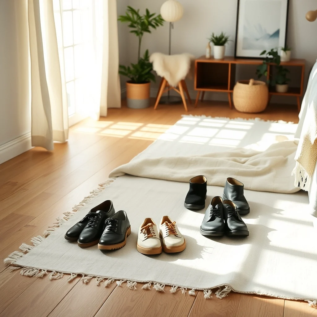 Sunlit Scandinavian bedroom floor light oak planks three neat shoe piles everyday occasional maybe someday arranged on a white linen rug soft morning light casting gentle shadows