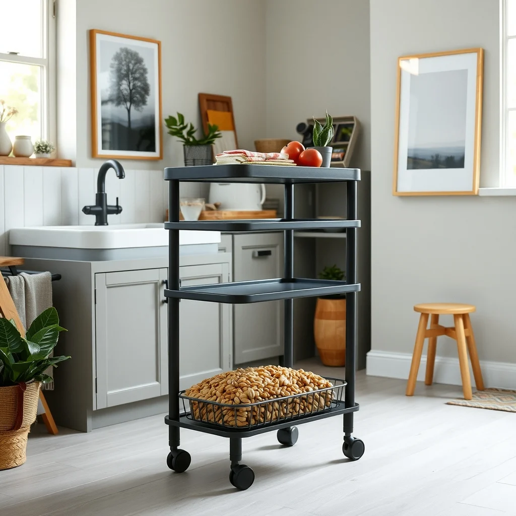 Three tier rolling kitchen cart on matte black casters positioned near the prep sink bottom shelf stacked with heavy beans