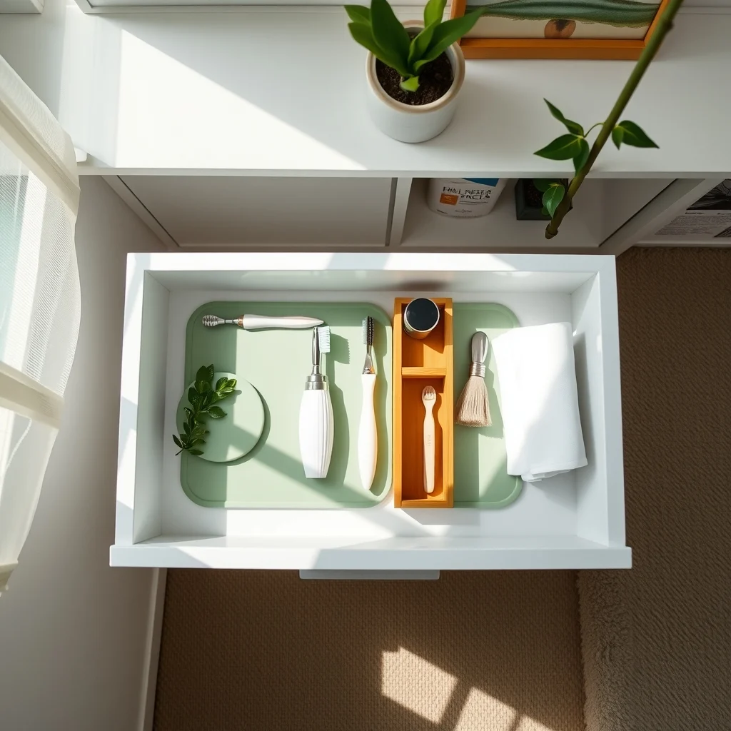 Top down view of a white bathroom drawer sage green silicone mat dividing three neat zones for toothbrushes shaving tools and accessories bamboo dividers soft daylight streaming from a frosted window