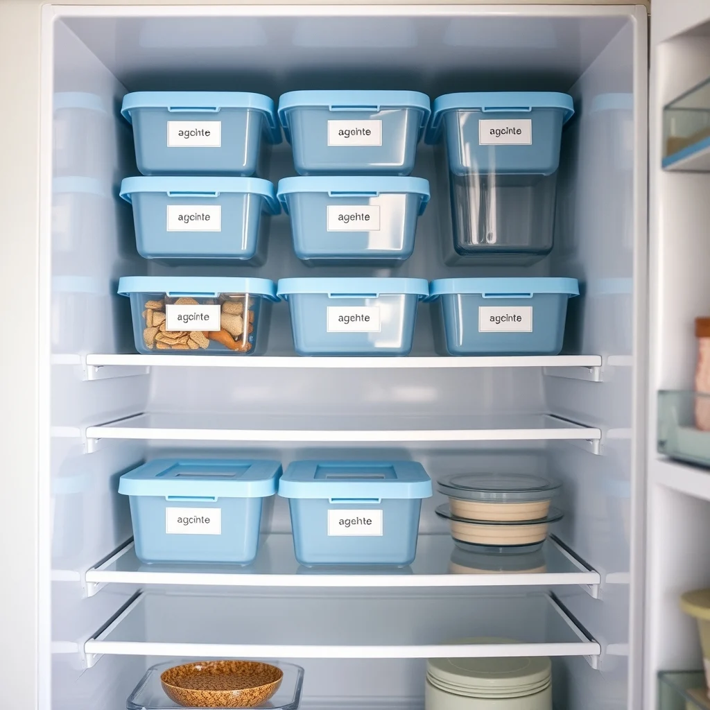Top down view of stackable clear containers on fridge shelves pastel blue acrylic bins fitting snugly labeled with minimalist typography tags soft diffused light creates subtle reflections background shows a faint sage green kitchen wall