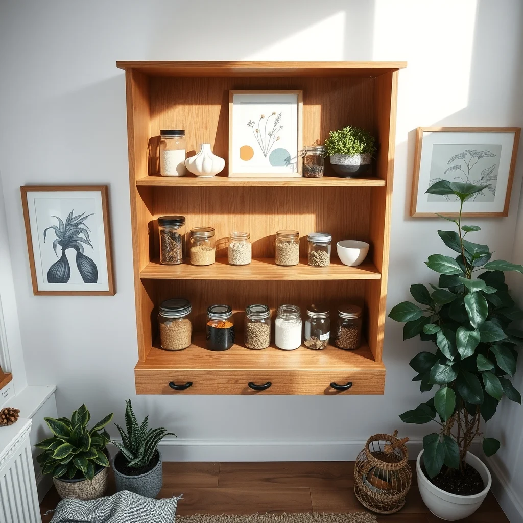 Top-down view of the oak pantry shelf divided into three zones spices in clear jars