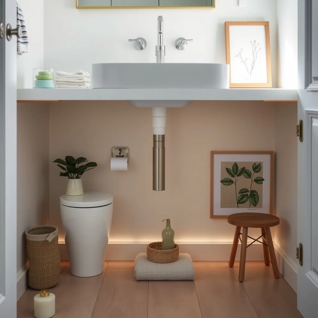 Under-Sink Bathroom Storage for Pipes and Awkward Spaces interior: 5. Integrated LED Light Strips to Highlight Storage Areas - Under‑sink spaces are often dim, making it hard to locate items after a night‑time bathroom visit. A low‑profile LED strip, adhered to the inner edge of the vanity’s base, provides gentle illumination that outlines the