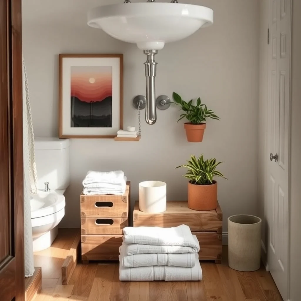 Under-Sink Bathroom Storage for Pipes and Awkward Spaces interior: 7. Reclaimed Wood Boxes Stacked on the Floor - A rustic yet refined look emerges when you place a of reclaimed‑pine boxes directly on the floor beneath the vanity. The boxes, finished with a clear sealant, provide sturdy platforms for folded towels, spare