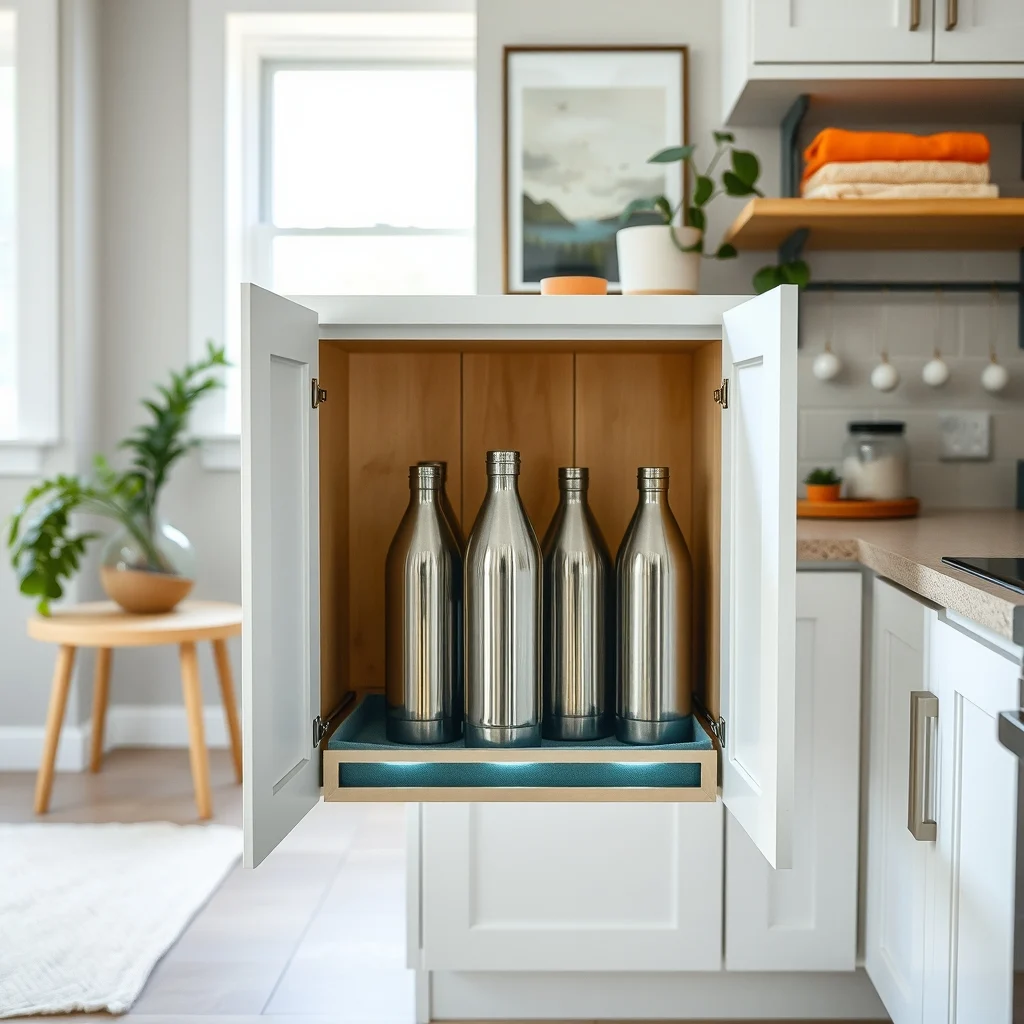 Under sink pull out pantry drawer brushed nickel soft close rails lined with muted teal felt neatly stacked stainless steel water bottles visible diffused LED strip illumination cabinet interior framed by simple white shaker doors