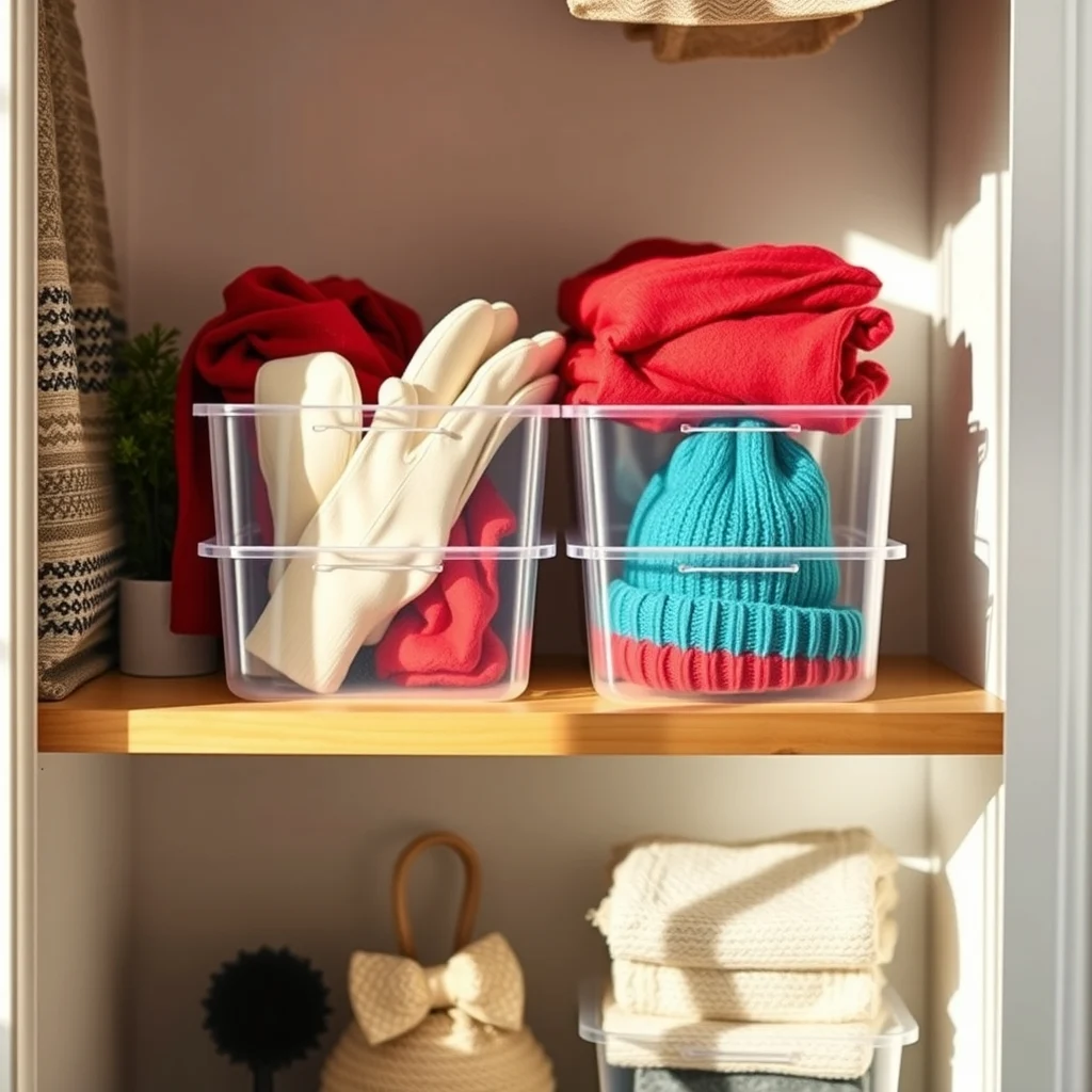 Vignette of transparent acrylic bins on a shallow pine shelf filled with scarlet scarves ivory gloves teal beanies natural light reflects casting subtle rainbow gl