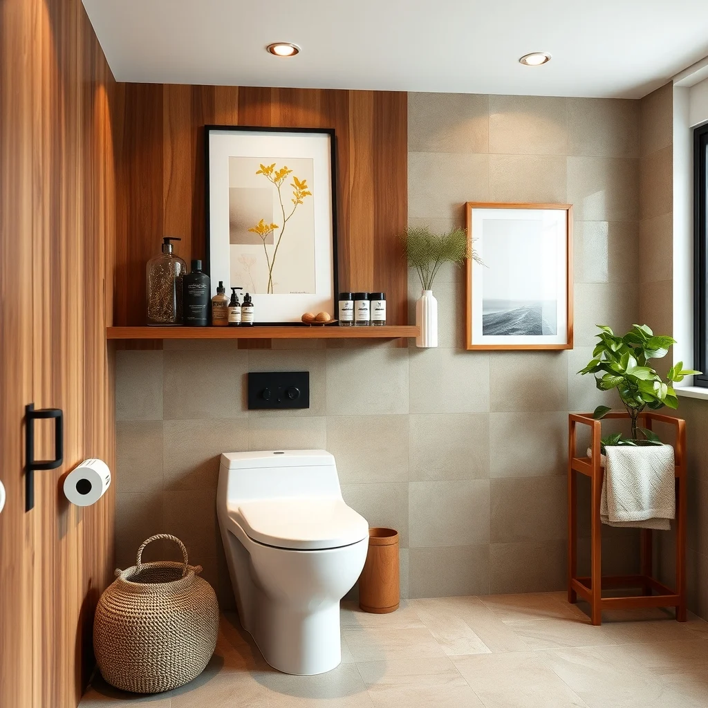 Warm modern bathroom walnut stained rectangular shelf snug above toilet lined with clear acrylic containers holding skincare muted taupe tiles recessed LED lighting