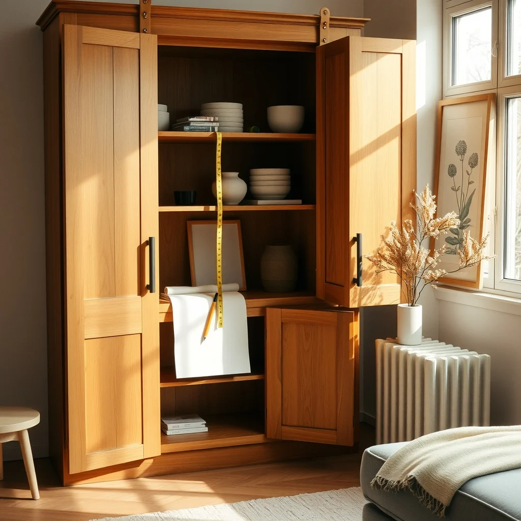 Warm oak cabinet interior doors ajar measuring tape stretched across shelves a drawn sketch on cream paper beside a pencil soft daylight streaming from a nearby window minimalist Scandinavian vibe