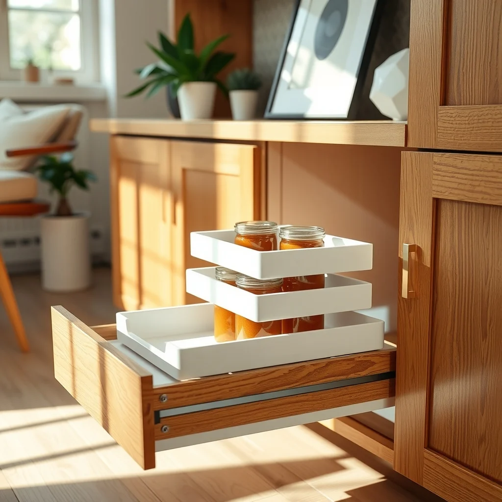 Warm oak cabinet interior soft morning light showing a shallow pull out drawer on low friction rails with three matte white tiered trays stacked like mini pantry shelves each holding neatly arranged jars