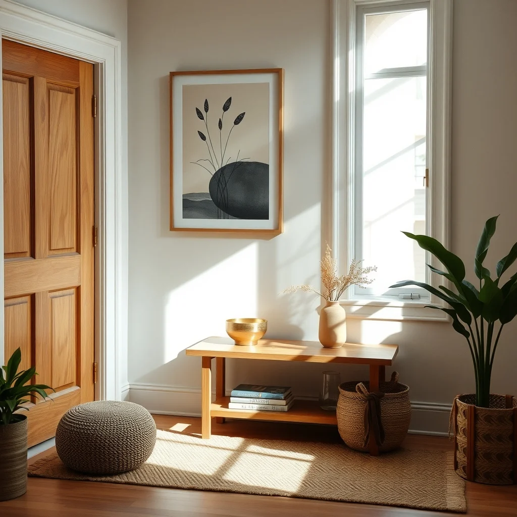 Warm oak low console by the front door natural light spilling over a brass key bowl abstract botanical wall art and a subtle rug anchor creating a welcoming drop zone