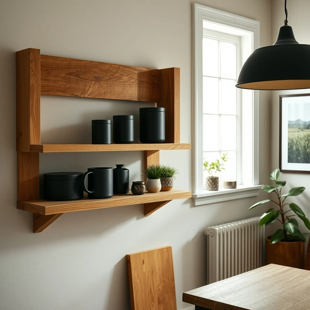 Warm reclaimed oak wall mounted shelf in a farmhouse kitchen holding matte black containers soft daylight streams through