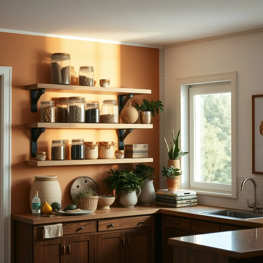 Warm toned kitchen wall featuring reclaimed wood open shelves arranged with glass spice jars woven baskets and copper canisters soft natural light streams from a nearby window
