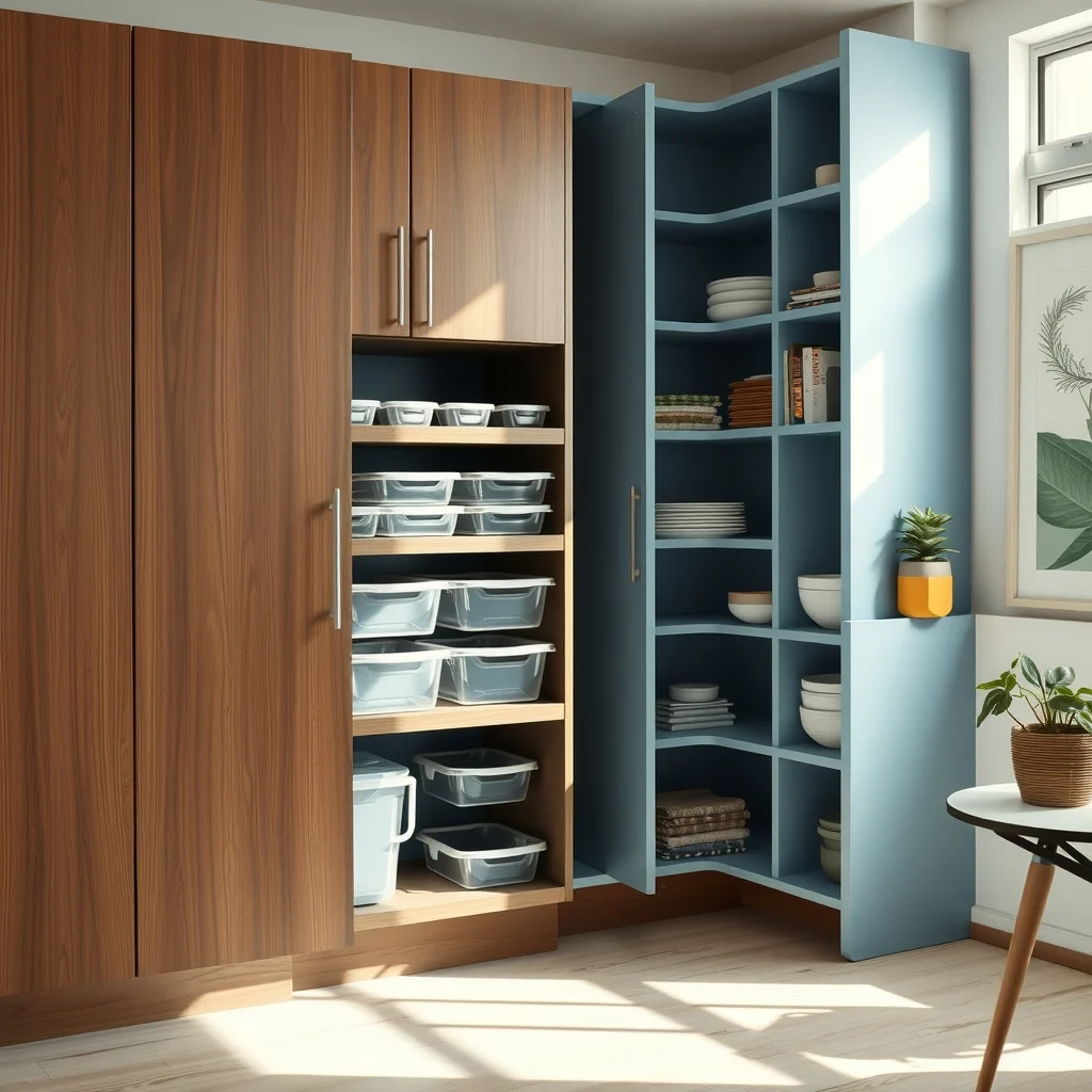 Warm walnut cabinet door ajar reveals a sealed matte black shelf lined with clear chemical resistant bins distinct from adjacent pastel blue pantry shelves soft daylight streams from a nearby window emphasizing separation