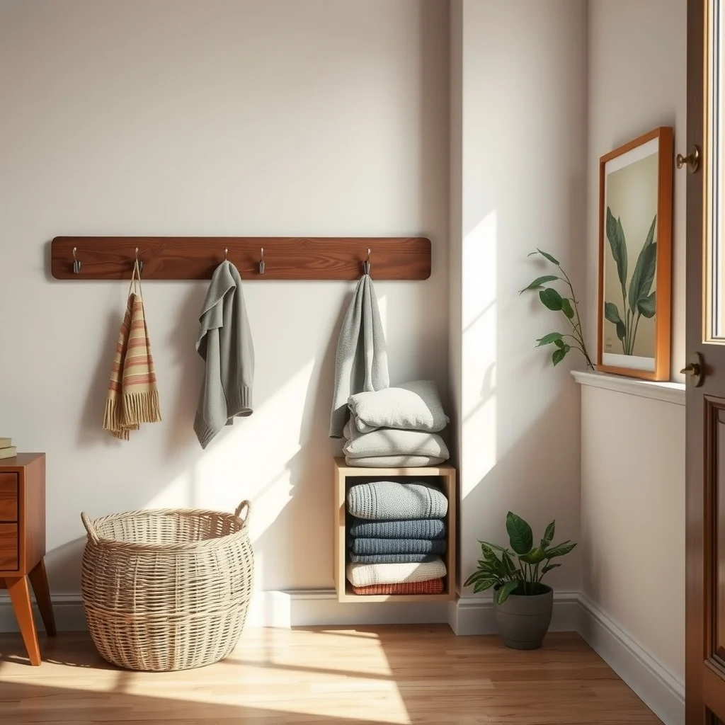 Warm walnut hanging hooks line the wall a woven wicker basket sits on the floor and a narrow painted cubby holds folded sweaters natural light from a nearby window highlights the varied textures