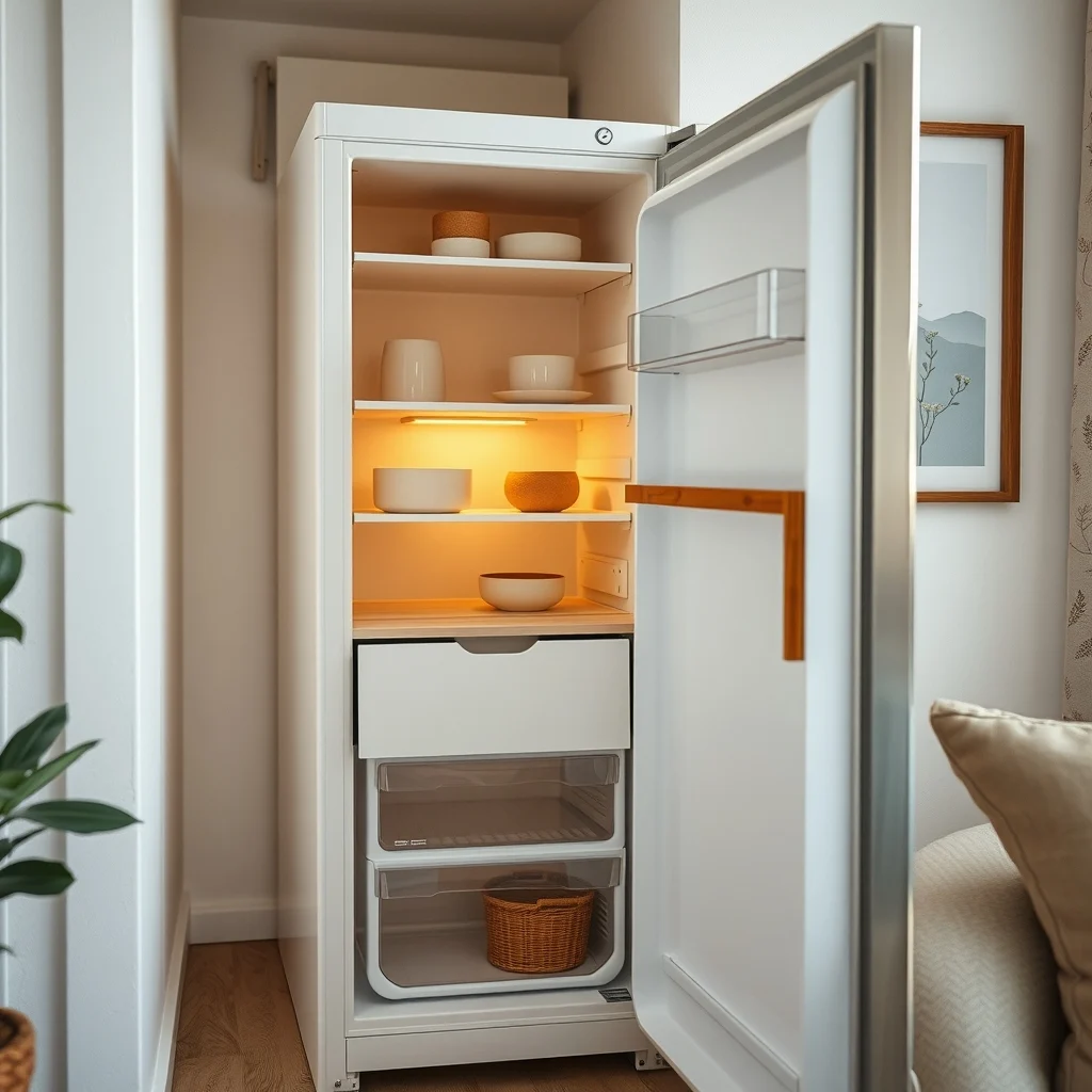 Wide angle of a tiny fridge interior with a slim pull out drawer tucked between top shelf and wall brushed steel finish bamboo handle warm amber lighting highlighting hidden tier minimalist white backdrop