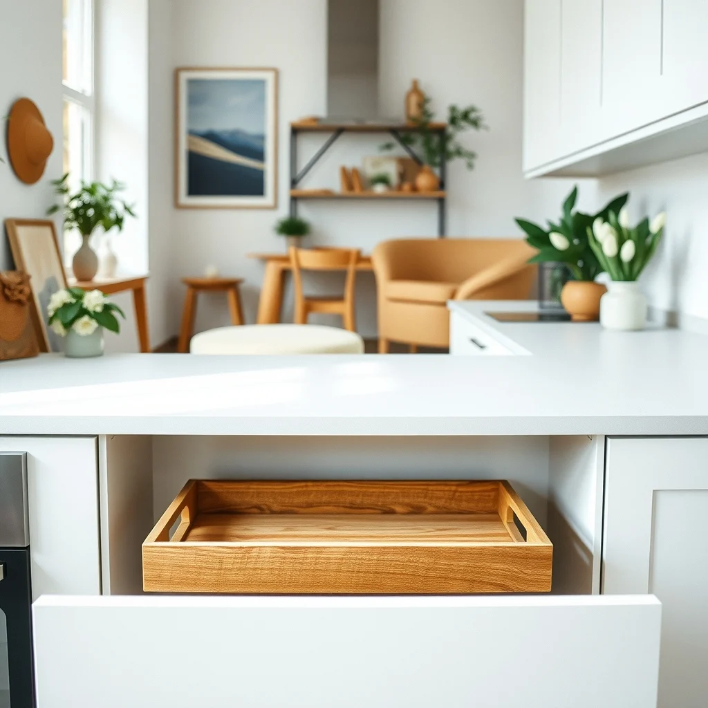 Wide-angle view of a deep kitchen drawer with a two tier wooden tray