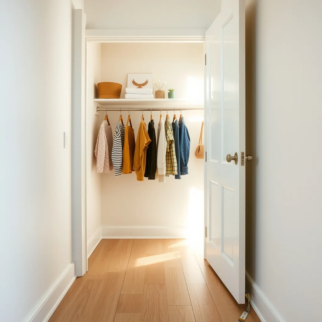 Wide-angle view of a narrow reach in closet crisp white walls light oak floor shelf single vertical metal rod soft daylight streams from an open door measuring tape laid across floor