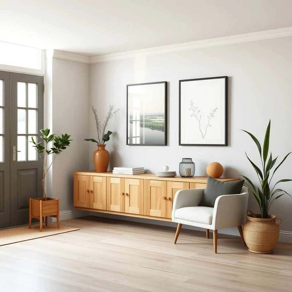 Wide entryway view with a brushed pine low profile shelf spanning
