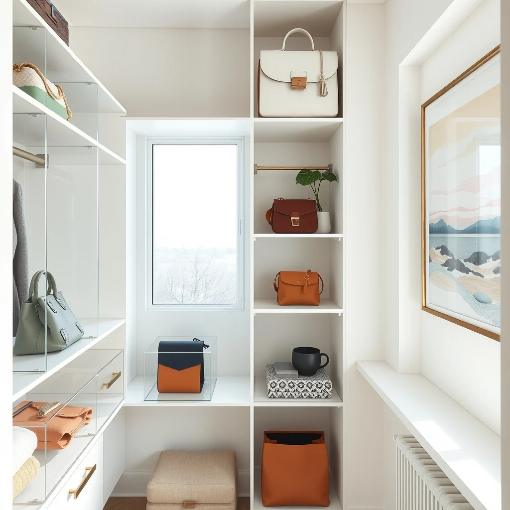 Wide view of a closet shelf lined with transparent acrylic boxes each displaying a seasonal bag soft pastel walls diffused daylight from a frosted window contemporary chic balanced symmetry