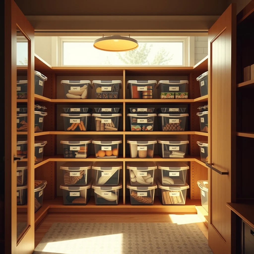 Wide view of a pantry style closet with transparent bins each label affixed to the front edge visible without moving containers under warm pendant lighting that creates gentle shadows on the labels