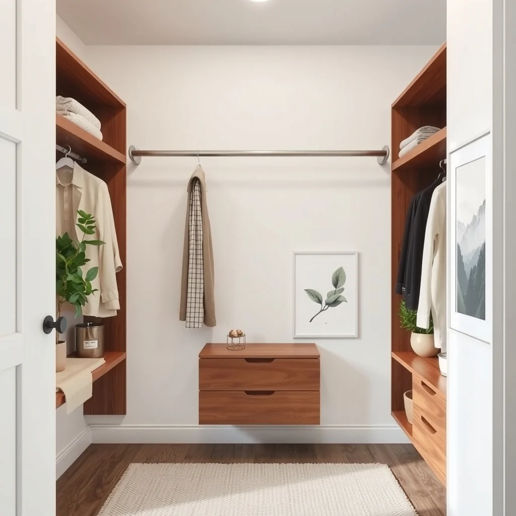 Wide view of a tidy closet showing a brushed nickel steel double hanging rod anchored to matte white walls complemented by subtle walnut shelving