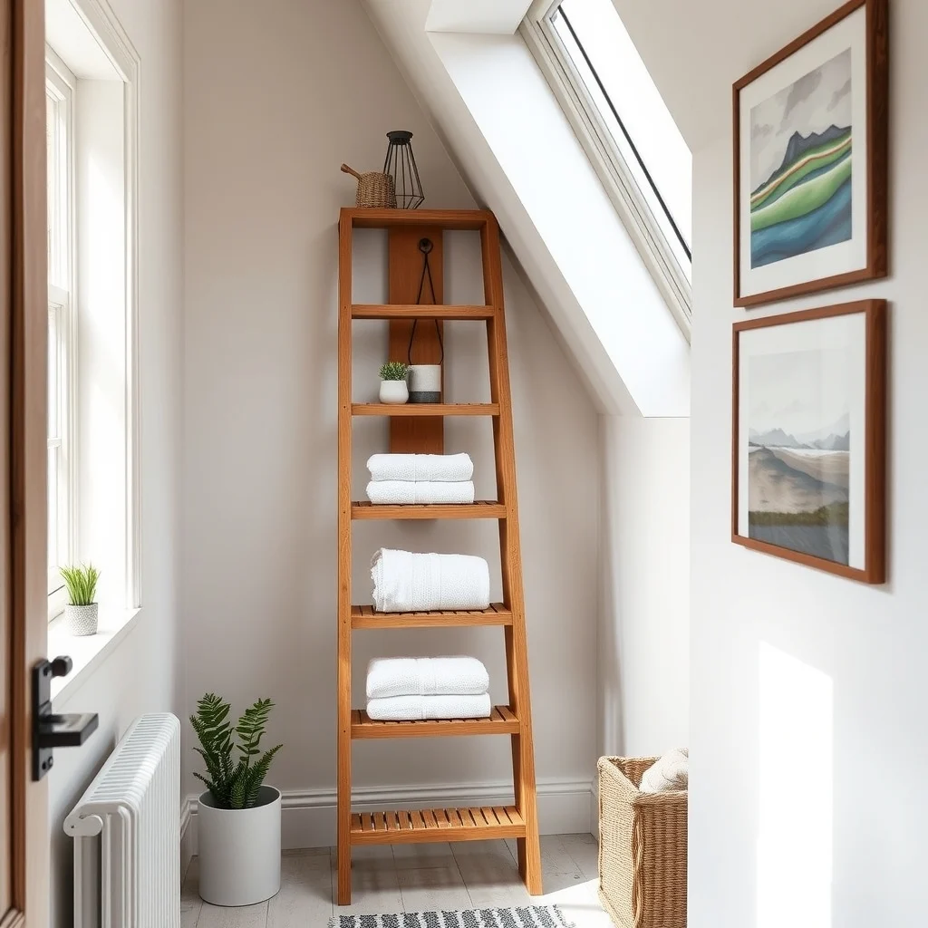 Wide view of narrow bathroom corner leaning ladder shelf of reclaimed oak painted pine back three slatted steps holding folded towels natural daylight from skylight rustic industrial blend