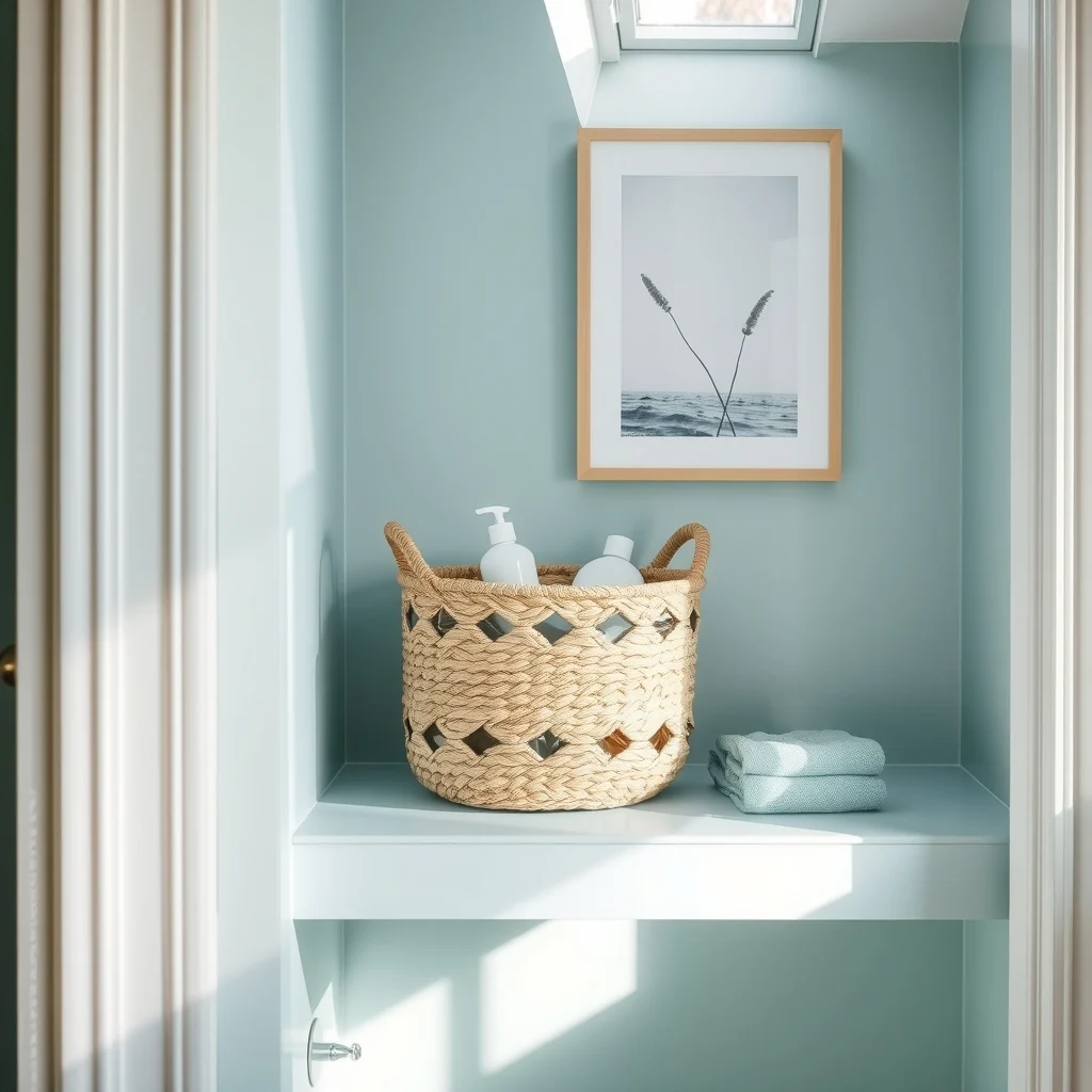 Woven seagrass basket with waterproof liner placed on pastel teal bathroom shelf containing spare toothbrush travel size shampoo folded teal towel natural daylight from skylight highlights texture